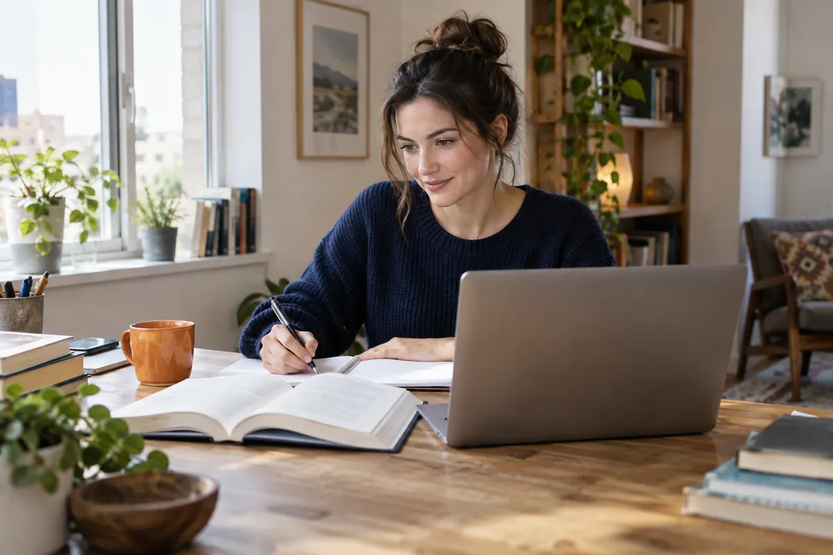 An adult learner studying with books and an online course