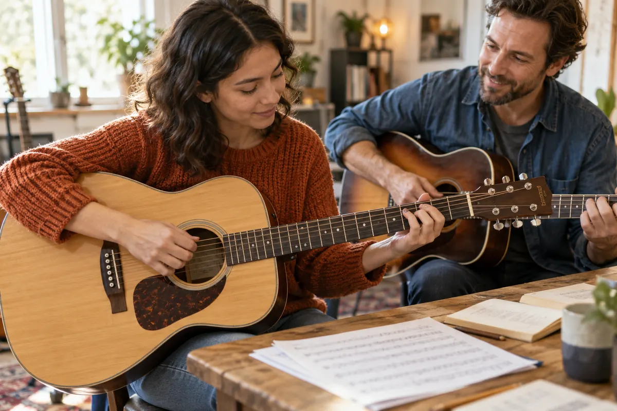 An adult learning acoustic guitar in a creative workshop